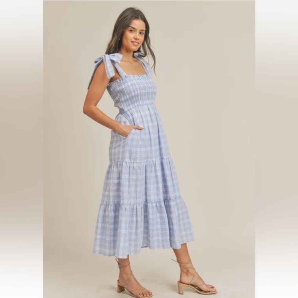&Merci Dresses Tiered Smocked Blue Plaid Midi Dress With Lace Trim
